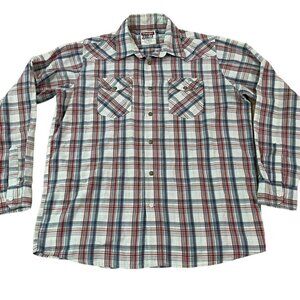 Wrangler Western Shirt Mens Size Large Red Blue Plaid Pearl Snaps Cowboy Rancher